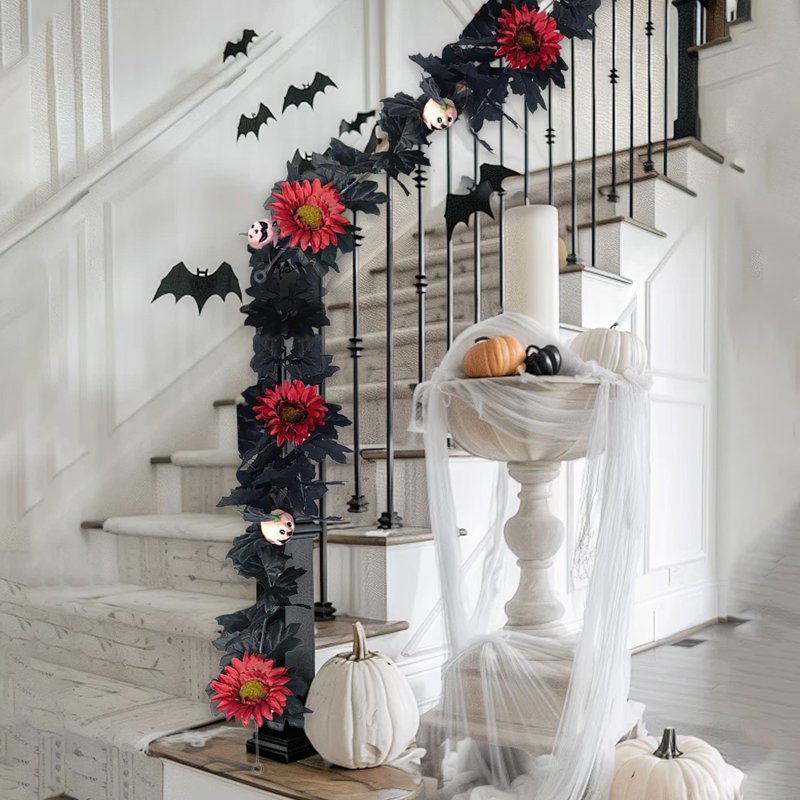 Halloween Garland Decor with Wreath - 68.9in Black Seasonal Home Decoration - Variation A