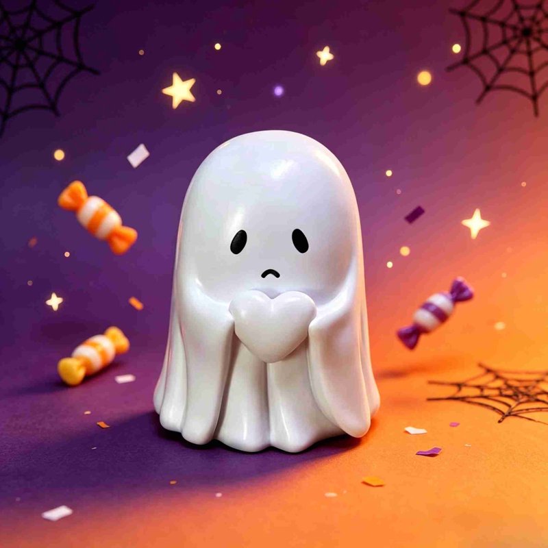 Cute Halloween Ghost Figurine Holding Heart - Handmade Spooky Decor E