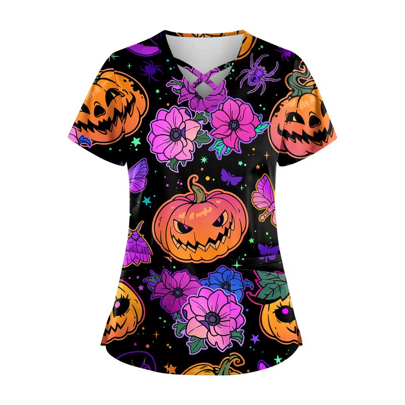 Plus Size Halloween Pumpkin-Headed Bat Printed Scrub Top with Pockets - Purple XXL