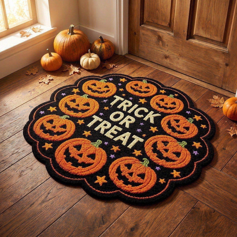 Halloween Wreath Shaped Rug - Pumpkin, Witch & Haunted House Design, Indoor Mat for Entryway & Kitchen - Variation C