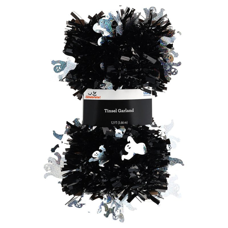 Halloween Ghost Tinsel Garland 12ft - Silver & Black Decor with Ghost Cut-Outs