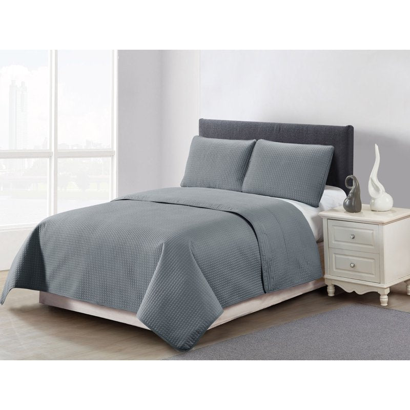 Grey Full/Queen Quilt Set with Matching Shams - Carter Box Stitch 3-Piece