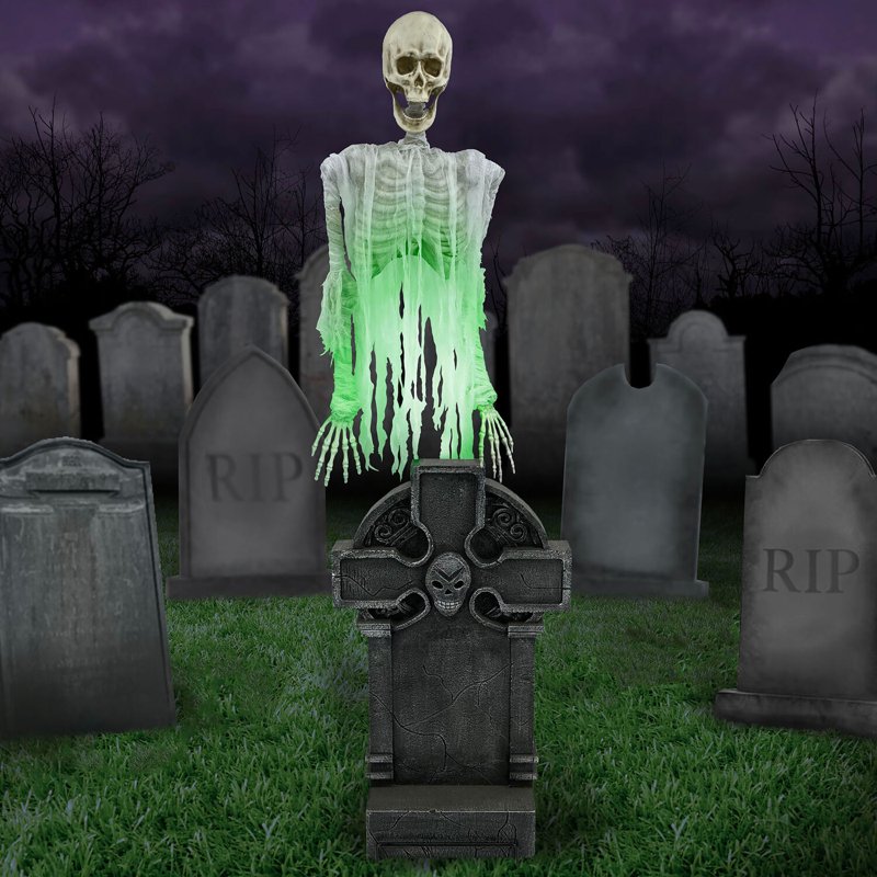 Floating Skeleton Ghost Halloween Animatronic with Tombstone, Motion-Activated, 5.8 ft