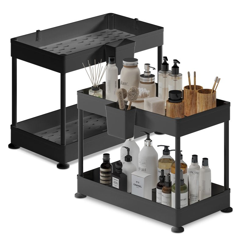 Under Sink Organizer 2-Tier with Hooks & Non-Slip Grip - Black, 2 Pack