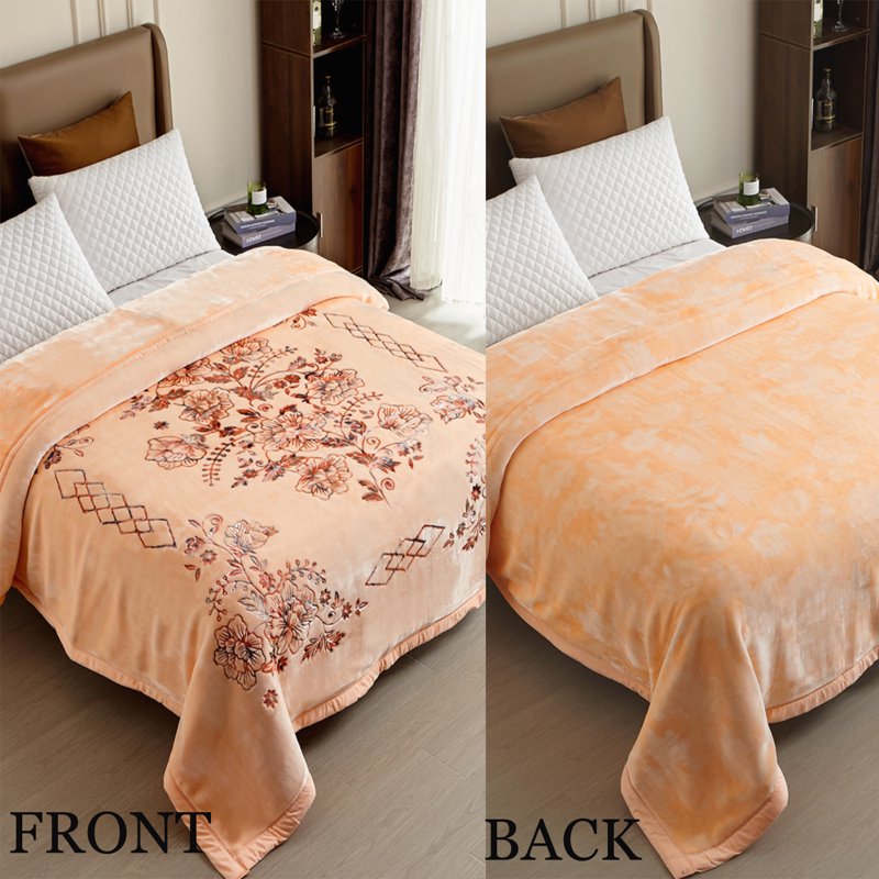 Heavy 10lbs King Size Fleece Blanket - Reversible 87x94 Beige Floral A&B Pattern