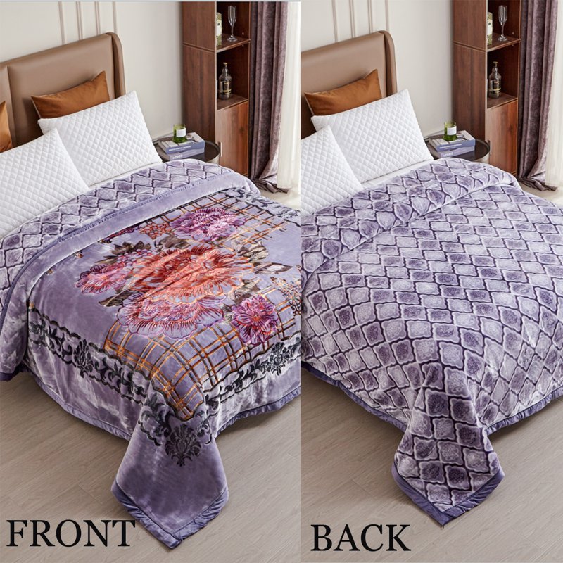 Heavy King Size Fleece Blanket 87x94 Navy Grey Floral - Reversible 2-Ply Warm Throw - A&B Pattern Variation