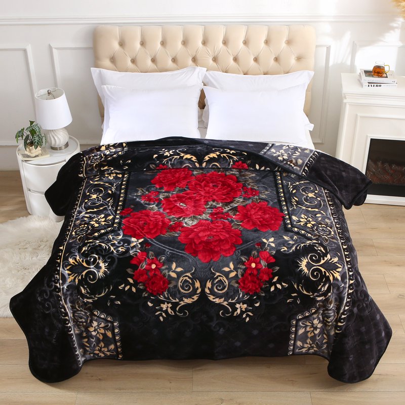 Heavy Thick Fleece Blanket King Size - Black & Burgundy Floral Printed Winter Throw - 85x95, 9lbs, Soft Raschel Plush Bed Cover with Floral Design