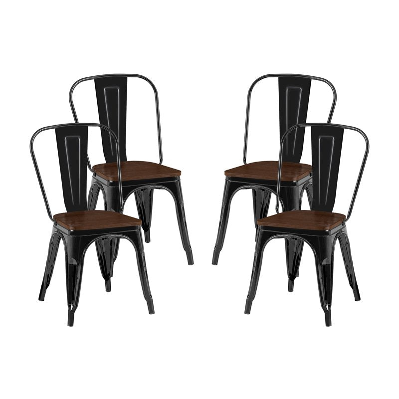 High Gloss White Industrial Metal Dining Chairs - Set of 2 with Walnut Seat