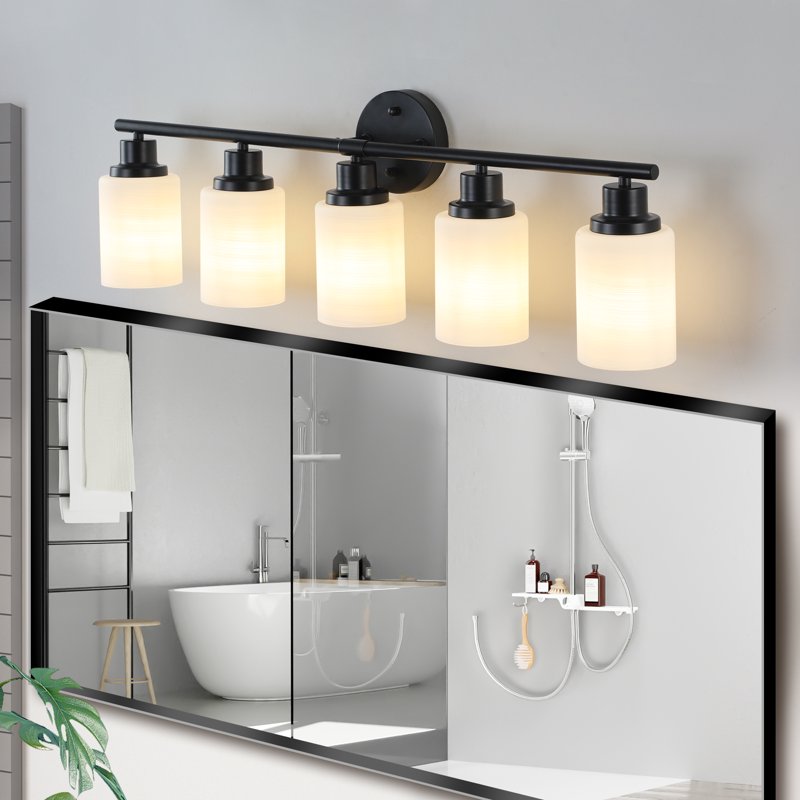 Black 31-Inch Modern 5-Light Vanity Bathroom Wall Sconce - Frosted Glass, E26