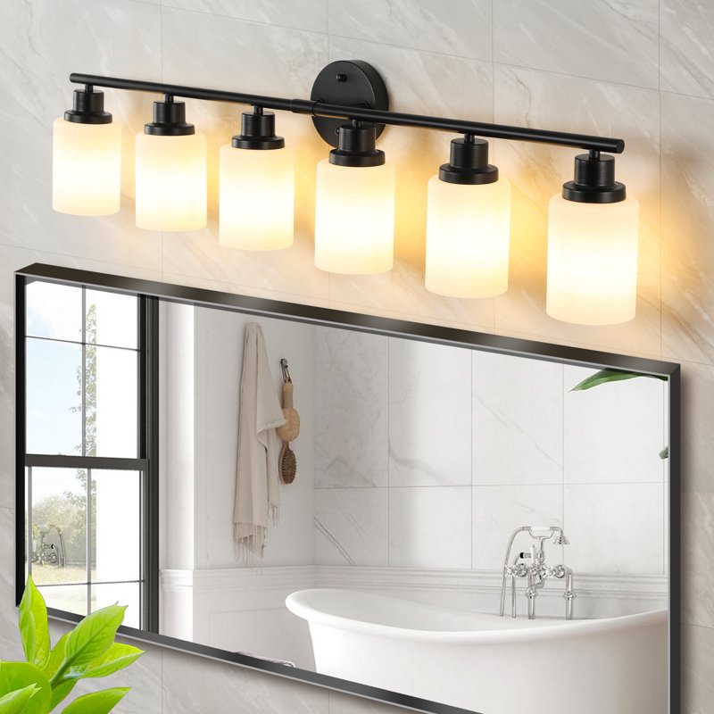 Black 39-Inch Modern Vanity Bathroom Light Fixture with Frosted Glass & Metal Frame - 6-Light