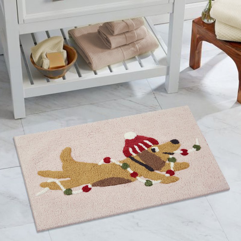 Pink Dog Christmas Bath Rug - 17x24 Inch Cotton Seasonal Decor