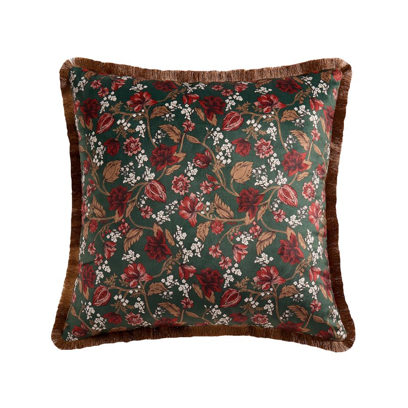 Green Floral Velvet Decorative Throw Pillow 20x20 with Fringe - Home Decor Collection