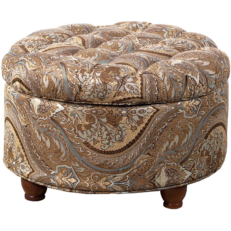 Round Storage Ottoman with Brown Paisley Fabric - 25"