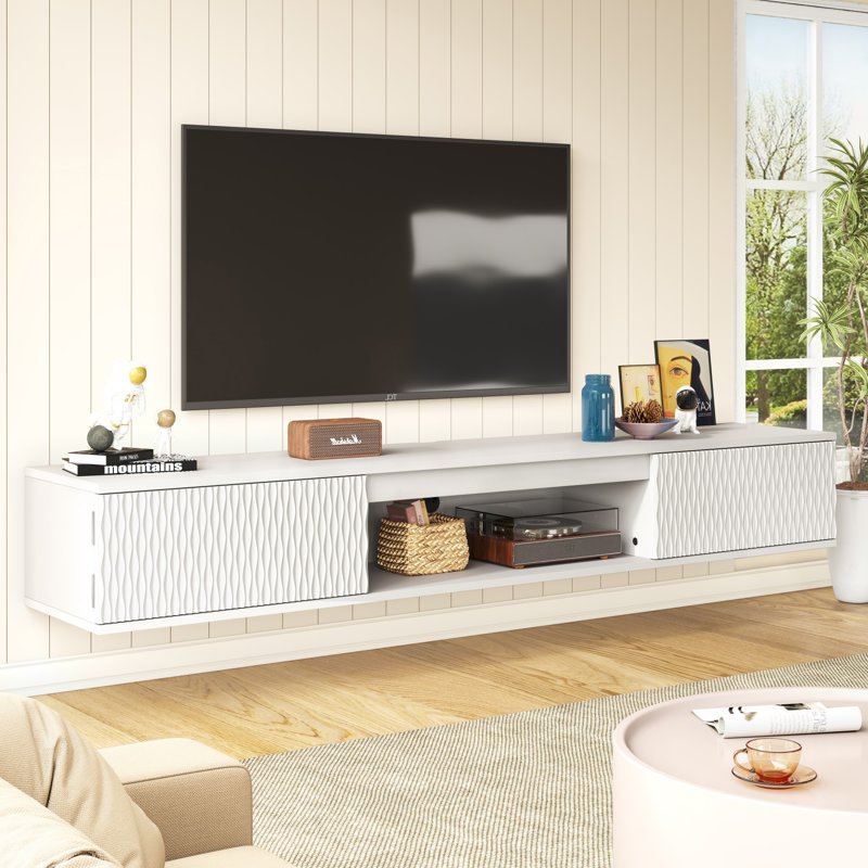 Modern LED Wall-Mounted TV Stand with Carved Surface - White