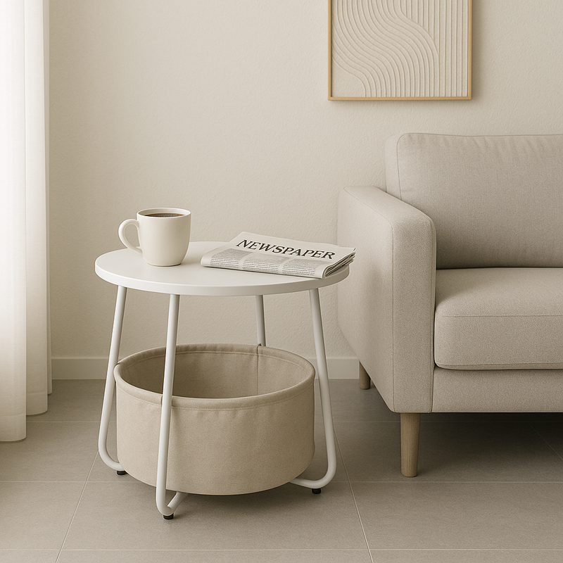 Round End Table with Storage Basket - White Accent Table