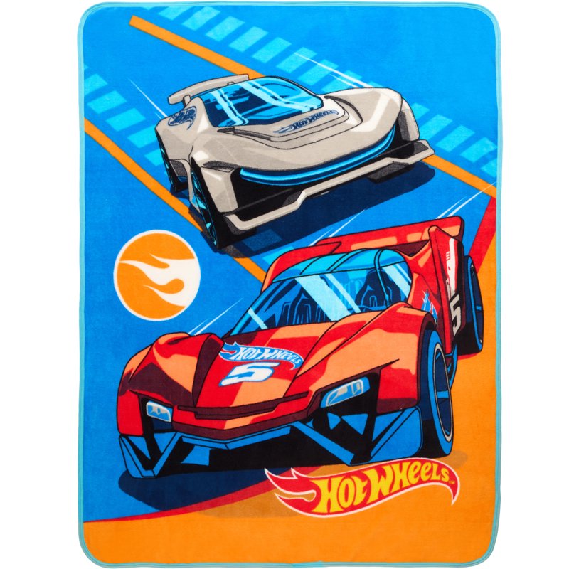 Kids Blue Print Fleece Throw Blanket - Hot Wheels Race Car Design, 46 x 60