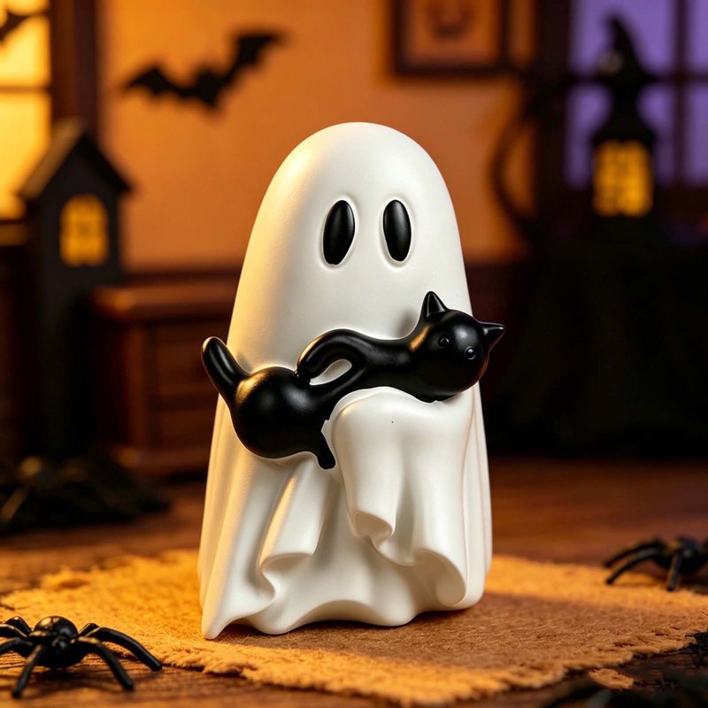 Halloween Ghost Hugging Black Cat Resin Figurine - Mini Desktop Ornament - Variation 13#Halloween