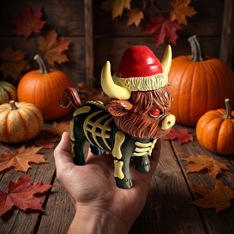Halloween Cow Resin Figurine with Santa Hat - Skeleton Highland Cow Desktop Sculpture - 25# Halloween Variant