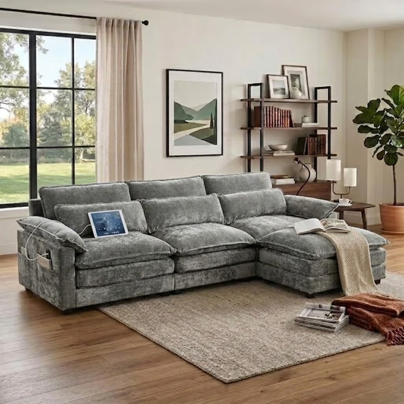 113" Cloud Modular Sectional Sofa - L-Shaped Convertible Couch with Ottoman, Grey
