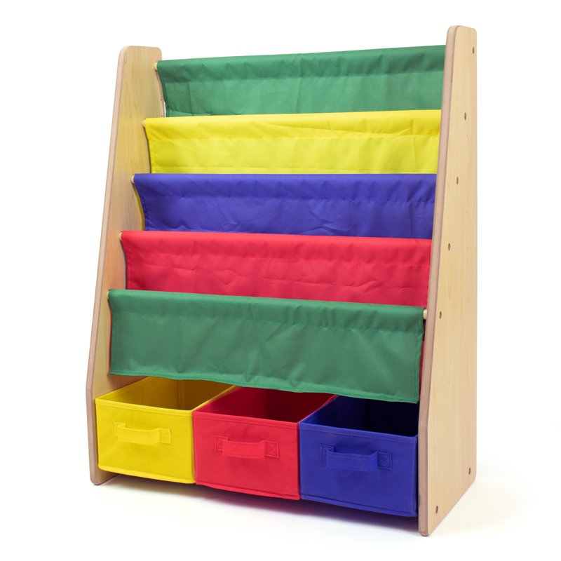 4-Tier Kids Bookshelf and Fabric Bin Organizer - Natural/Primary Colors