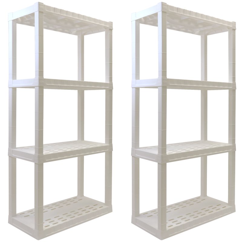 4-Tier Plastic Storage Shelves 2-Pack - 56in H x 30in W x 14in D, White, Heavy Duty Organization