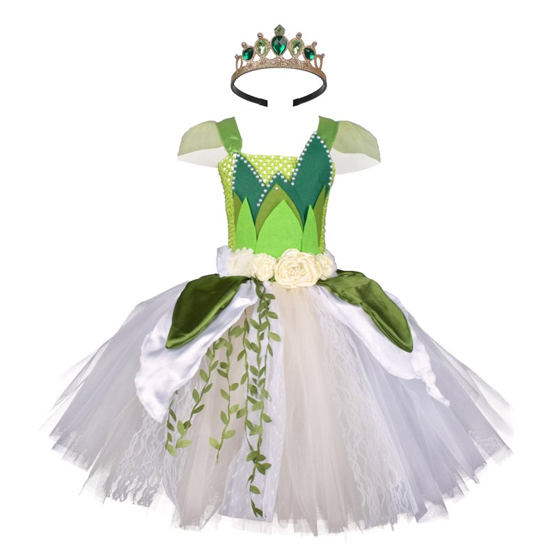 Kids Girls Halloween Costume Dress with Headband - Black & White Striped Tulle Tutu & Green Crown, 3-4 Years