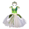 Kids Girls Halloween Costume Dress with Headband - Black & White Striped Tulle Tutu & Green Crown, 3-4 Years