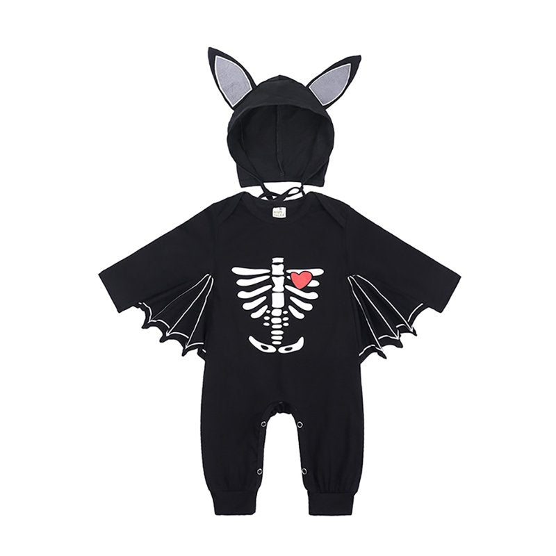 Baby Bat Costume with Wings & Hoodie for First Halloween - Black Skull Heart, 18-24 Months