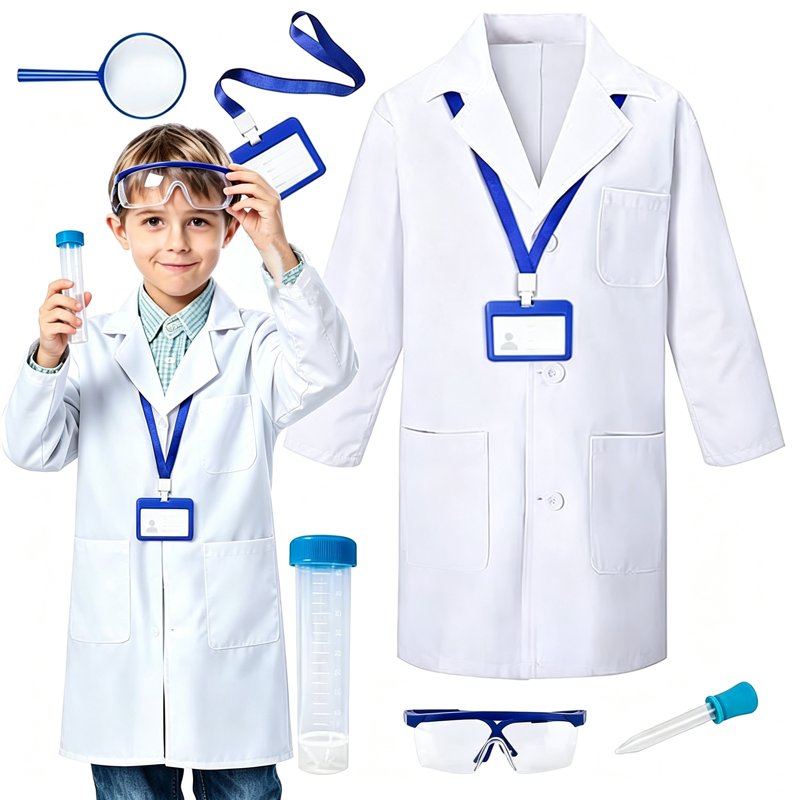 Kids Scientist Role-Play Costume Set 4T-5T Lab Coat & Science Props Unisex
