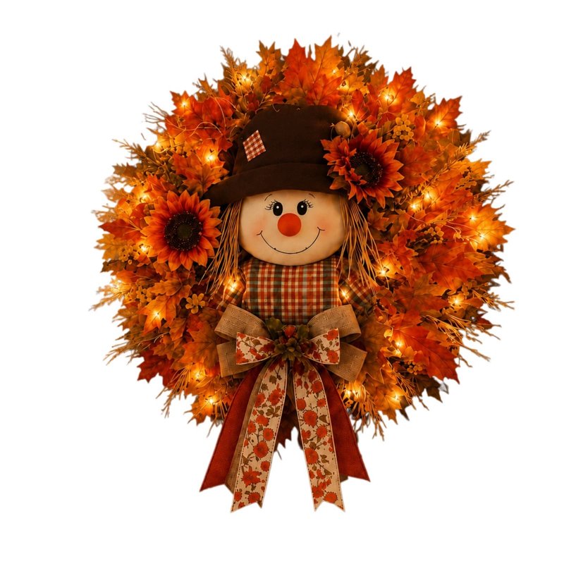 Lighted Fall Scarecrow Wreath for Front Door - Harvest Halloween Thanksgiving Decor U
