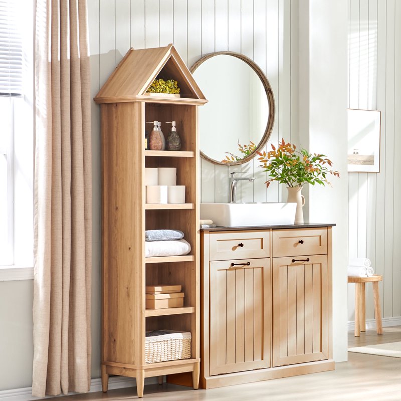 Tall Bathroom Cabinet - 75.9 Inch Freestanding Wooden Storage with Adjustable Shelves - Engineered Wood, Natural Finish
