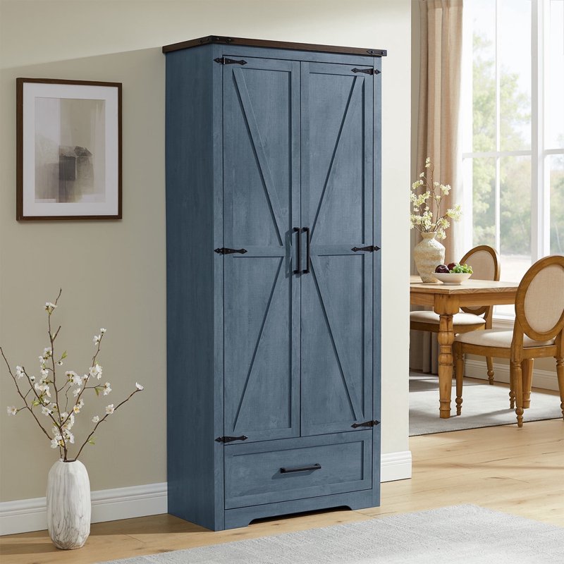 72" Farmhouse Kitchen Pantry Cabinet with Barn Doors - Blue