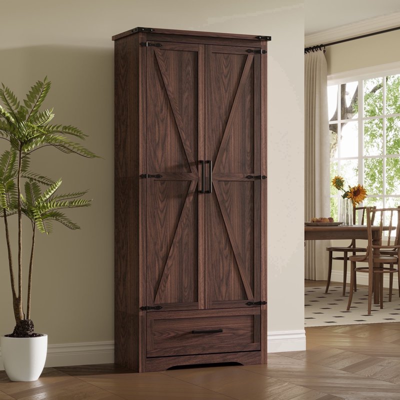 72" Farmhouse Kitchen Pantry Storage Cabinet - Brown with Barn Doors