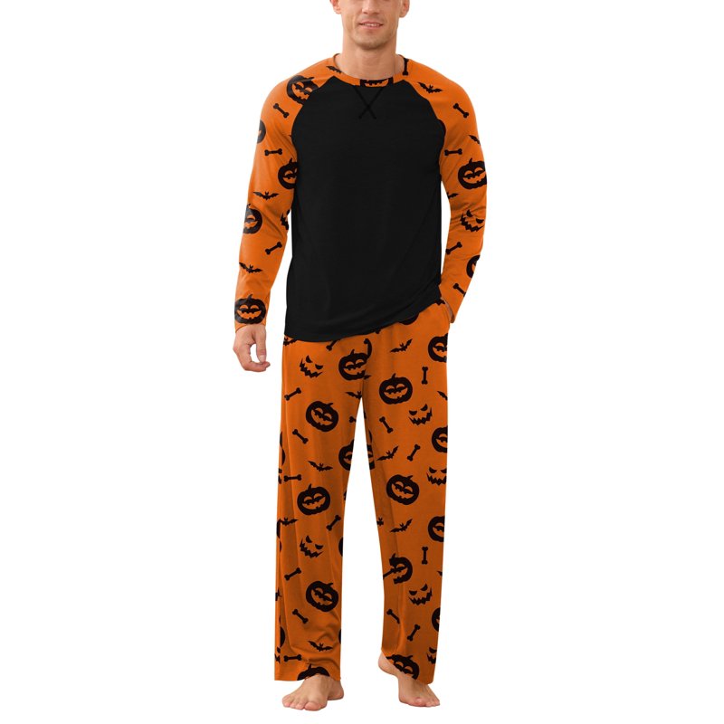 Men's Pajama Set Long Sleeve with Pockets - Orange Pumpkin, L