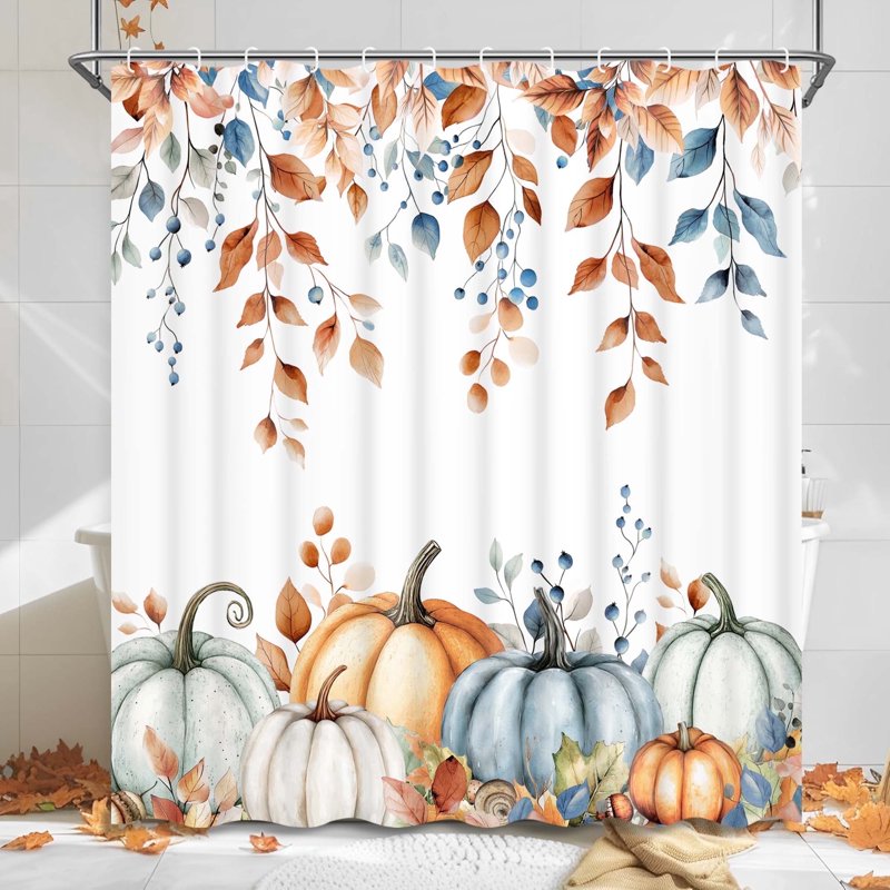 Ikfashoni Fall Halloween Shower Curtain with Hooks - Pumpkin Leaves Waterproof 72x72 inches - Fall 4