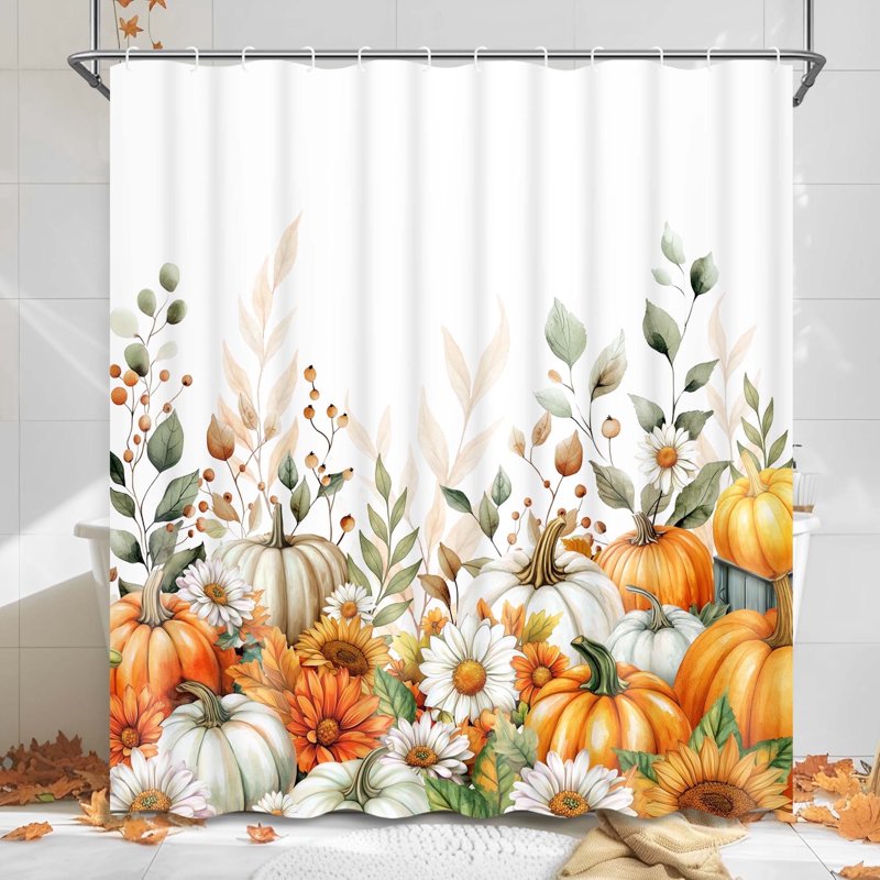 Ikfashoni Fall Pumpkin Shower Curtain with Hooks - Orange Waterproof Bathroom Decor - Fall 5