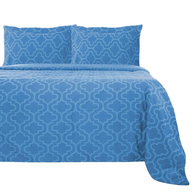 King Light Blue Cotton Flannel Duvet Cover Set - Reversible Trellis Pattern