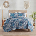 Twin Reversible Boho Quilt Set - Blue Medallion & Damask Prints, 3 Piece