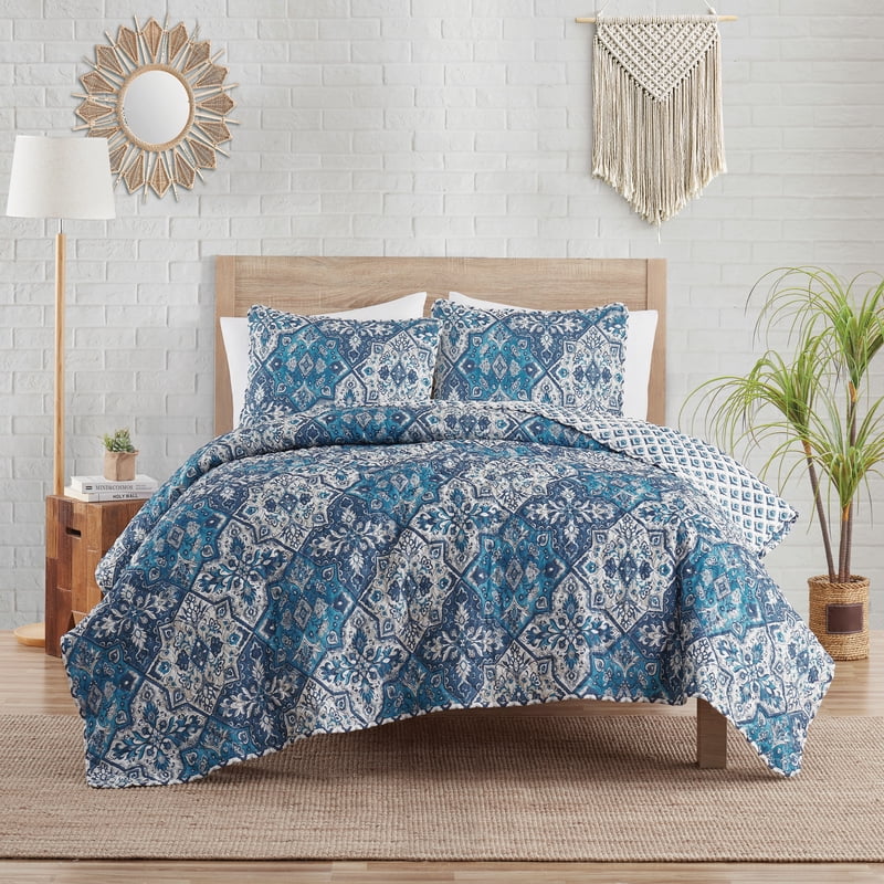 Twin Reversible Boho Quilt Set - Blue Medallion & Damask Prints, 3 Piece