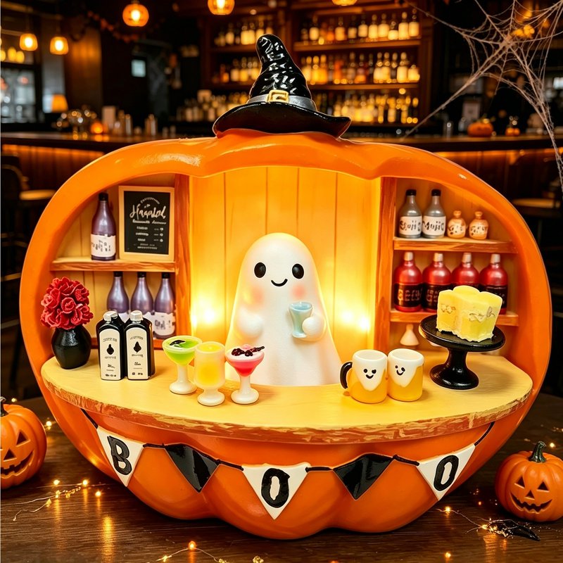 Halloween Ghost and Pumpkin Bar Scene Figurine with Lighted Mini Bar - K Variation