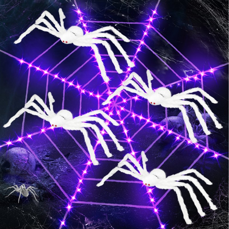 Halloween Spider Web Lights with Giant Spider - Battery Powered, Purple LED, 11.8ft, 4-Pack - White Variation