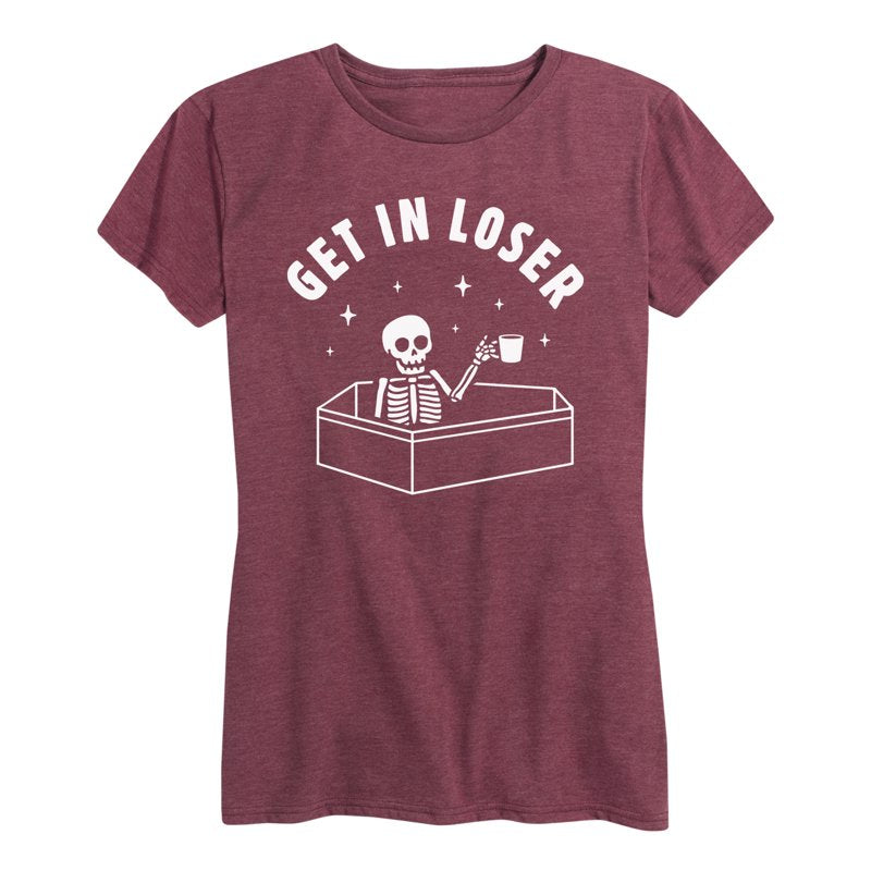 Halloween Skeleton Get In Loser Coffin Graphic T-Shirt - Heather Wine 2X