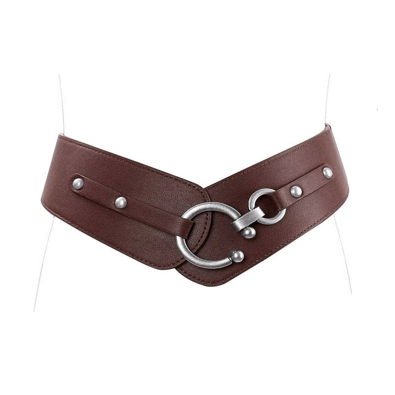 Women's Wide Elastic Leather Waist Belt for Dress - Coffee, Fits 36-40"