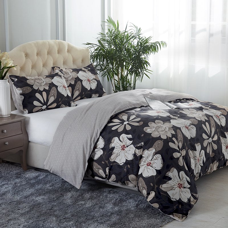 Queen Duvet Cover Set with Zipper & Corner Ties - Microfiber, Imperial White Flower
