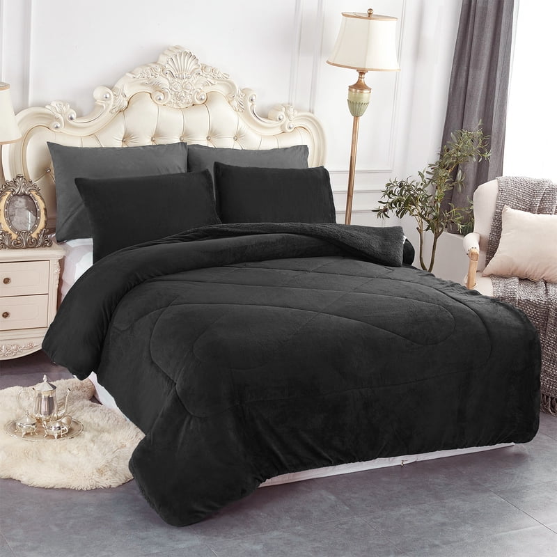 King Sherpa Fleece Bed Blanket Set - Thick Warm Reversible Black 3 Pieces