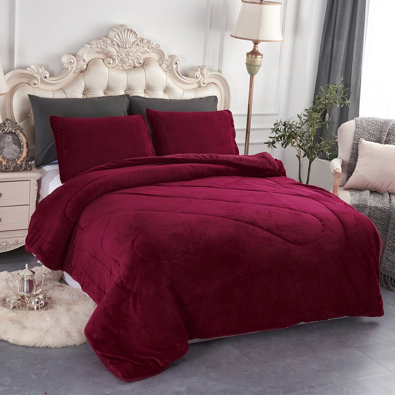 Queen Sherpa Fleece Bed Blanket 3-Piece Set - Thick Warm Burgundy, 75 x 83 Inches - Variation: Full/Queen, Red