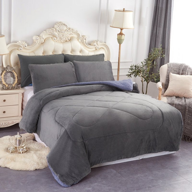 Queen Sherpa Fleece Bed Blanket 3-Piece Set - Thick Warm Grey