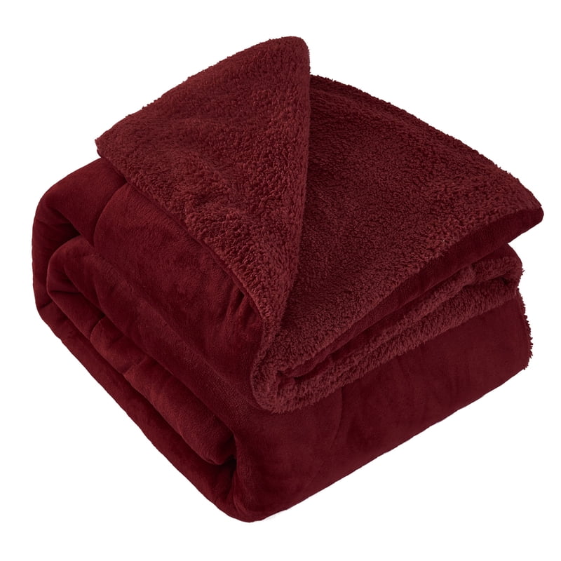 King Burgundy Sherpa Fleece Bed Blanket - Thick Warm Borrego Bedspread