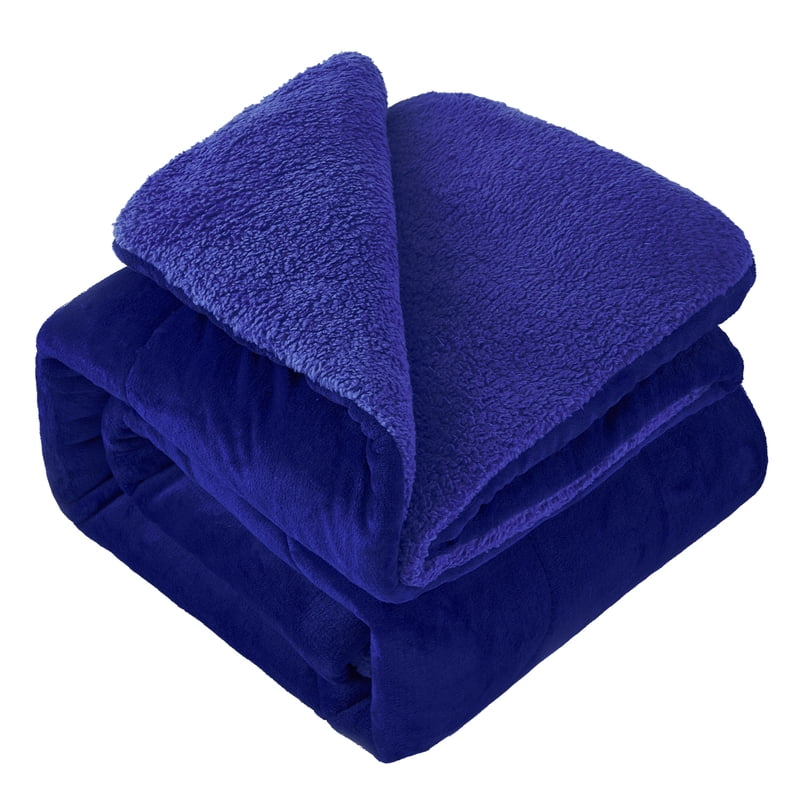 Sherpa Fleece Bed Blanket Queen Navy 75x83 Inch - Warm & Reversible