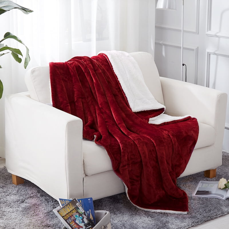 JML Sherpa Fleece Throw Blanket - Reversible Plush Couch Bed Cover, Grey, Red Variation